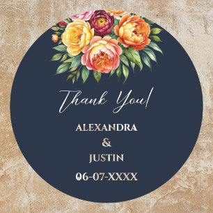 Navy Cream Summer Garden Floral Wedding Thank You Classic Round Sticker