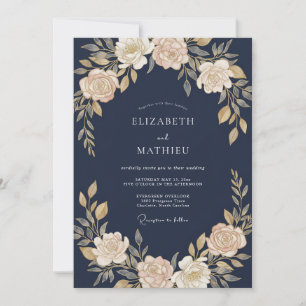 Navy Cream Watercolor Floral Wedding Invitation