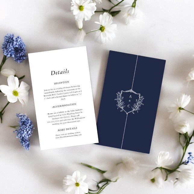 Navy crested minimal wedding Details Enclosure  (wedding details card in navy blue and white , stylish crested initials , )