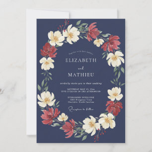 Navy Crimson Floral Romance Wedding Invitation