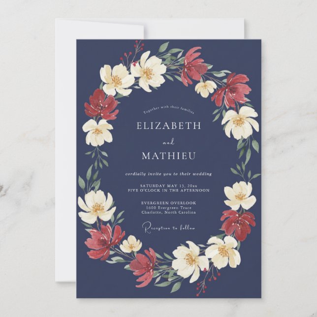 Navy Crimson Floral Romance Wedding Invitation (Front)