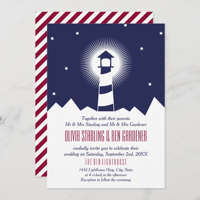 Navy & Crimson | Lighthouse Wedding Invitation (Front/Back)