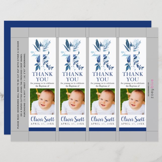 Navy Cross Foliage Baptism Photo Bookmark (Front/Back)