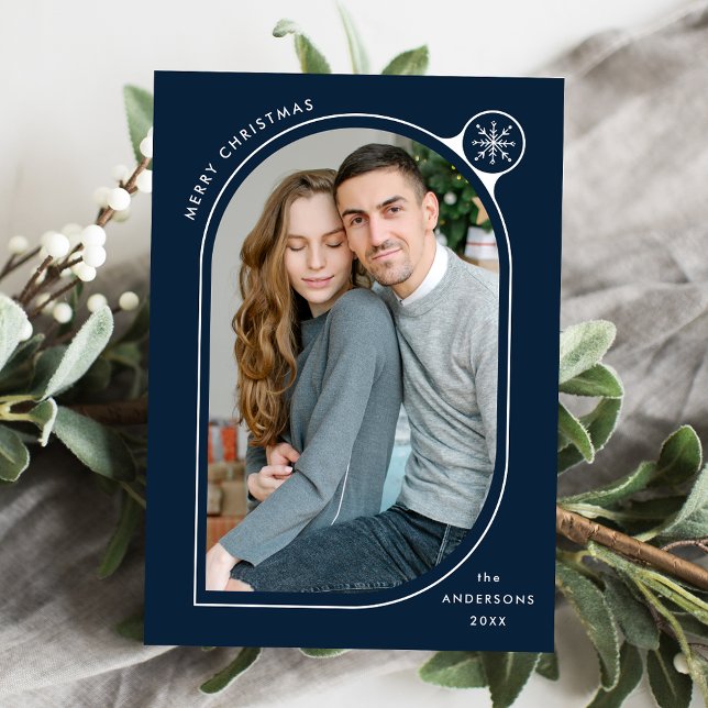 Navy Curved Frame Snowflake Photo Holiday Card (Creator Uploaded)