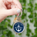 Navy Custom Captain and Boat Name Anchor Key Ring<br><div class="desc">Round nautical keychain design features a simple,  stylish navy blue and white coastal style design with boat anchor accent. Personalise the custom text with the name of the boat and boat owner / captain,  location,  or other preferred wording.</div>