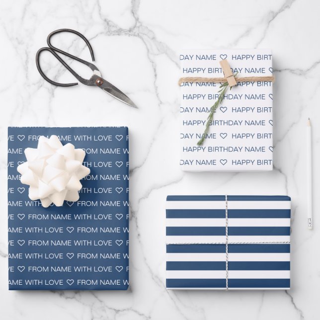 Navy Custom Happy Birthday With Love  Wrapping Paper Sheet (Front)