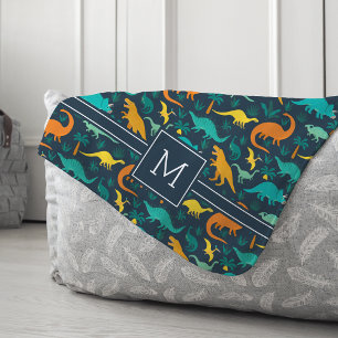 Navy   Cute Colorful Dinosaur Pattern Kid Monogram Sherpa Blanket