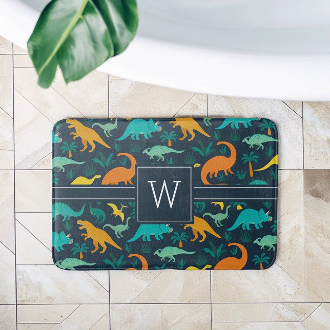 Navy | Cute Colourful Dinosaur Pattern Kid Monogra Bath Mat (Creator Uploaded)