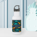 Navy | Cute Colourful Dinosaur Pattern Kids Name 532 Ml Water Bottle<br><div class="desc">Personalise this cute dinosaur themed water bottle with your child’s name in white lettering for a cool custom touch! Created especially for dino-loving kids,  this colourful design features orange,  yellow,  and mint green dinosaur illustrations on a navy blue background.</div>