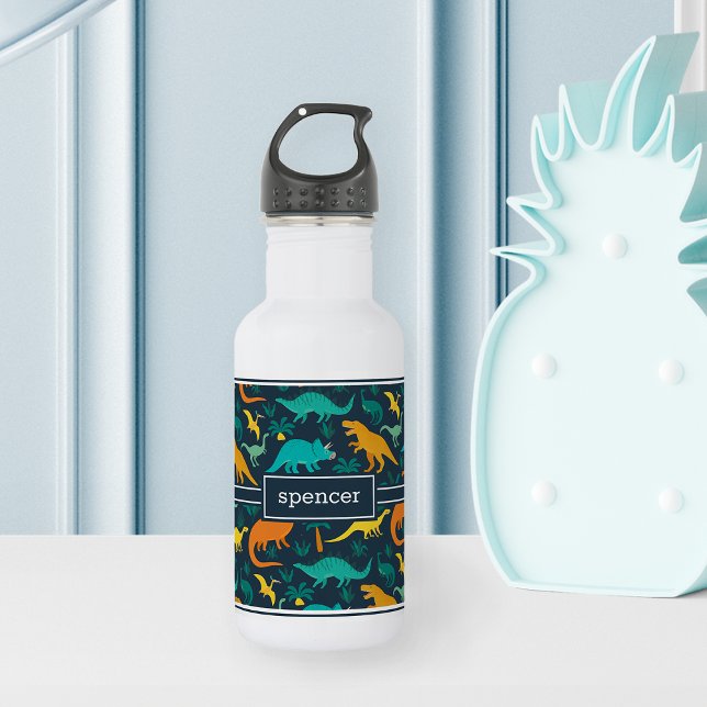 Navy | Cute Colourful Dinosaur Pattern Kids Name 532 Ml Water Bottle (Creator Uploaded)