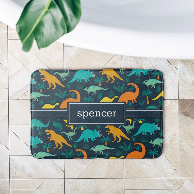 Navy | Cute Colourful Dinosaur Pattern Kids Name Bath Mat (Creator Uploaded)