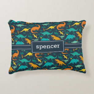 Navy Cute Colourful Dinosaur Pattern Kids Name Decorative Cushion