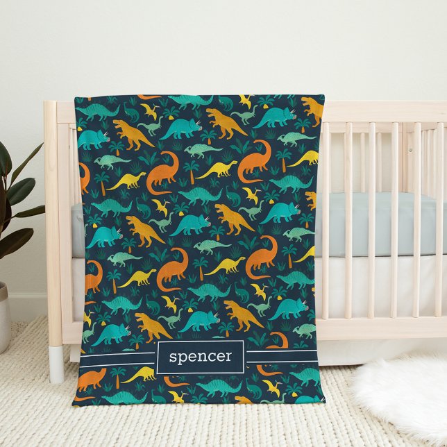 Navy | Cute Colourful Dinosaur Pattern Kids Name Fleece Blanket (Creator Uploaded)