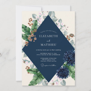 Navy Dahlia Leaf Wedding Invitation