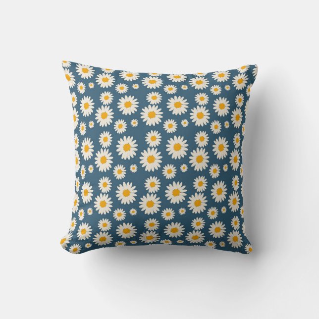 Navy Daisy Floral Bohemian Botanical Pattern Cushion (Front)