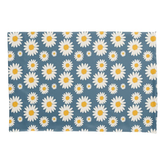 Navy Daisy Floral Bohemian Botanical Pattern Pillowcase (Front)