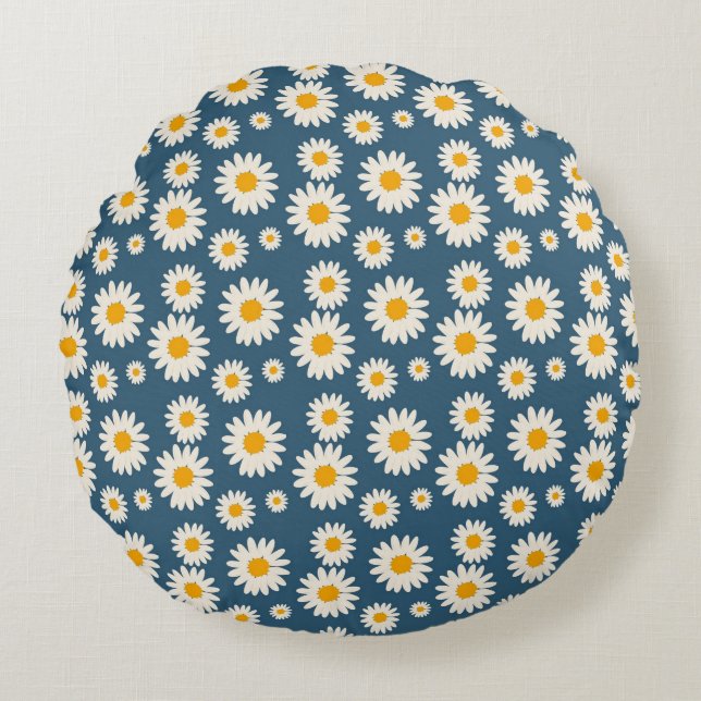 Navy Daisy Floral Bohemian Botanical Pattern Round Cushion (Front)