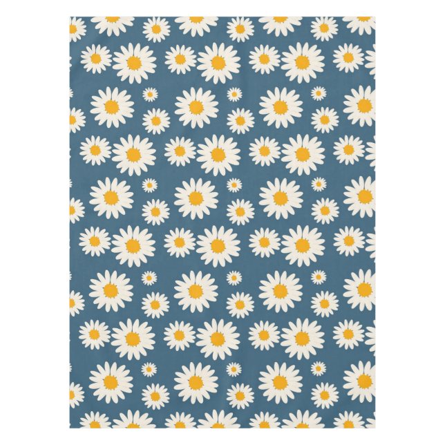 Navy Daisy Floral Bohemian Botanical Pattern Tablecloth (Front)