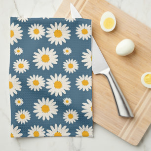 Navy Daisy Floral Bohemian Botanical Pattern Tea Towel
