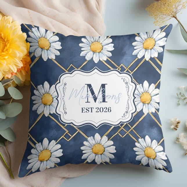 Navy Daisy Gingham Monogram Decor Cushion (Creator Uploaded)