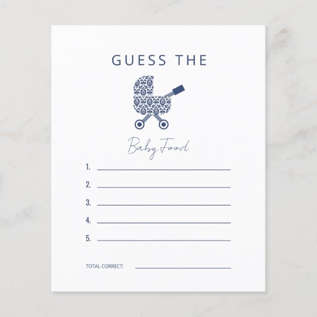 Navy Damask Baby Shower Guess the Baby Food Invita (Front)