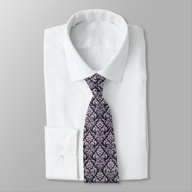 Navy Damask Baroque Paisley Pattern Tie (Tied)
