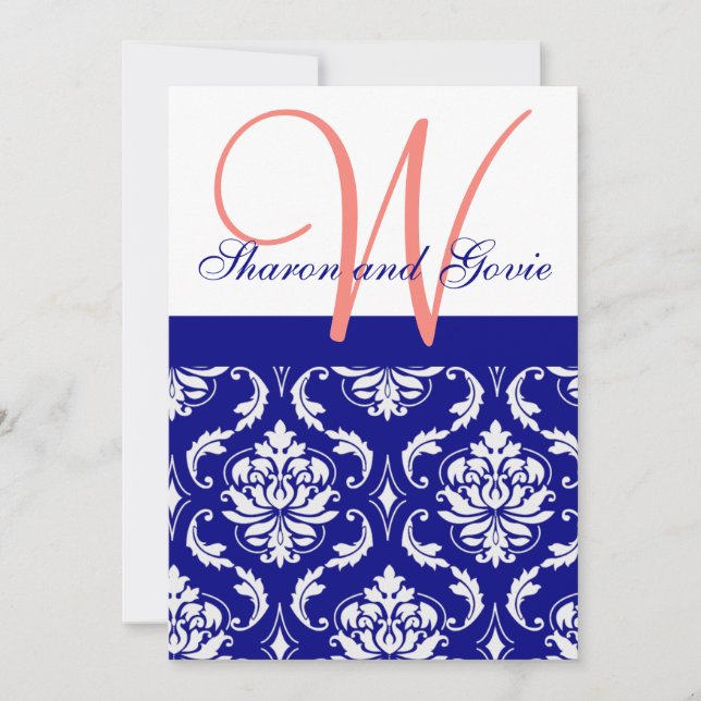 Navy Damask Coral Monogram Wedding Invitation (Front)