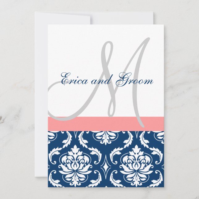 Navy Damask Coral Monogram Wedding Invitations (Front)