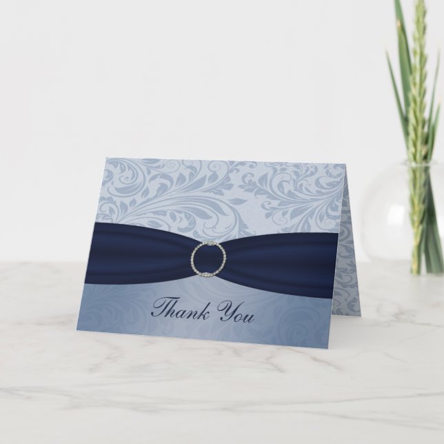 Navy  damask FAUX ribbon diamante buckle Wedding Thank You Card (Front)