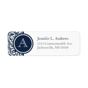 Navy Damask Monogram Address Return Labels