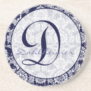 Navy Damask Monogram Wedding Anniversary Coaster
