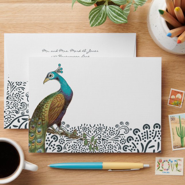 Navy Damask Peacock Wedding Envelopes (Desk)