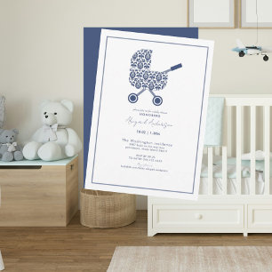 Navy Damask Pram Baby Shower Invitation