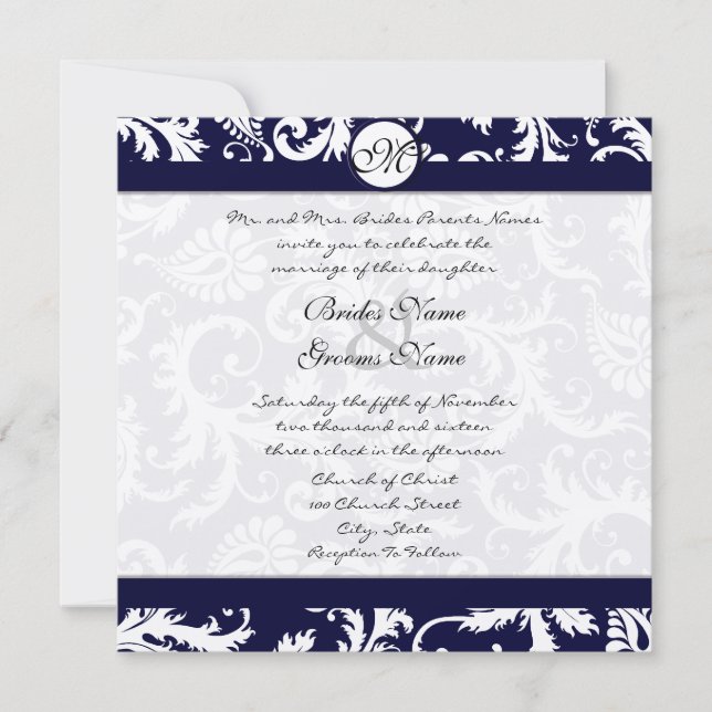 Navy Damask Swirls Wedding Invitation (Front)