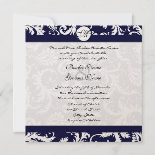 Navy Damask Swirls Wedding Invitation