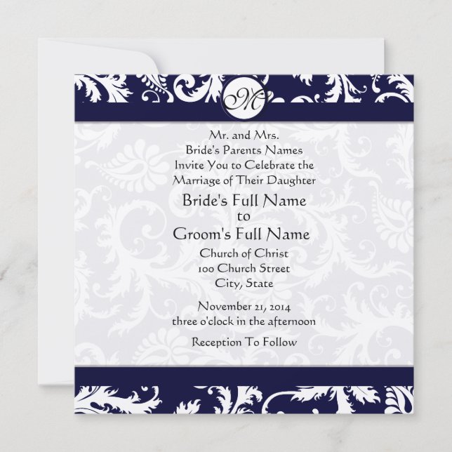 Navy Damask Swirls Wedding Invitation (Front)