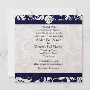 Navy Damask Swirls Wedding Invitation