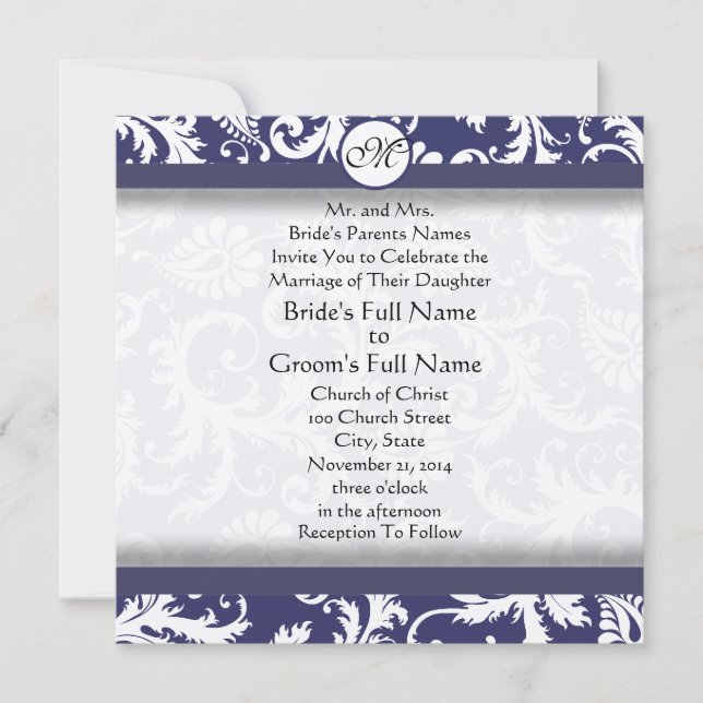 Navy Damask Swirls Wedding Invitation (Front)