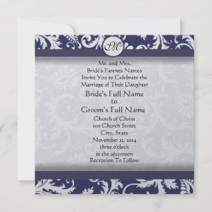 Navy Damask Swirls Wedding Invitation