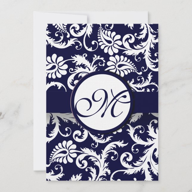 Navy Damask Swirls Wedding Invitation (Front)