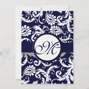 Navy Damask Swirls Wedding Invitation