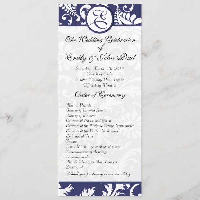Navy Damask Swirls Wedding Program Programme (Front)