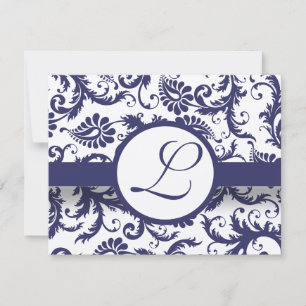 Navy Damask Swirls Wedding Reception Card