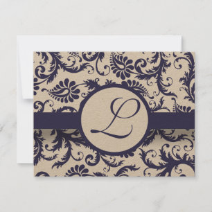 Navy Damask Swirls Wedding Reception Card