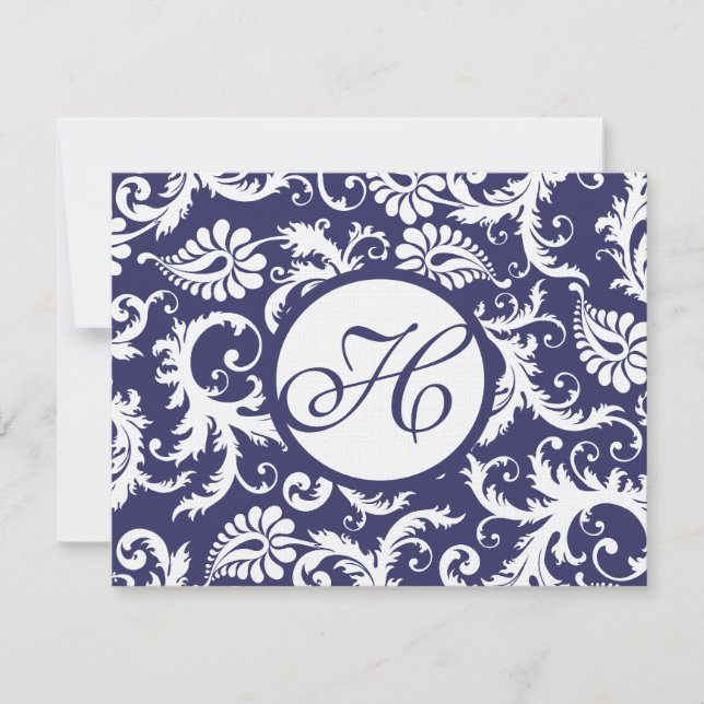 Navy Damask Swirls Wedding Response Card RSVP (Front)