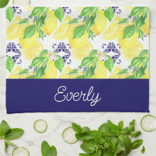 Navy Damask with Yellow Lemons Pattern Tea Towel