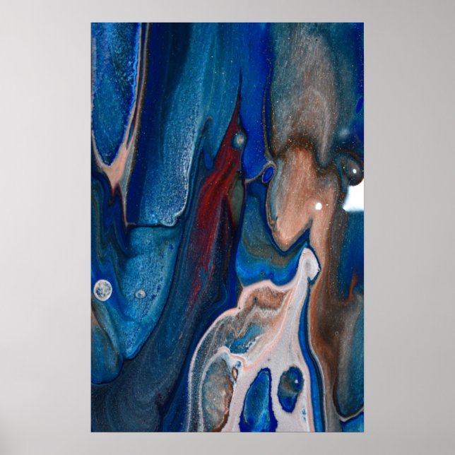 Navy Dark Blue Abstract Stripes Metallic Fluid art Poster (Front)