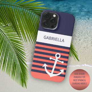 Navy Dark Blue White Peach Red Orange Stripes iPhone 15 Pro Max Case
