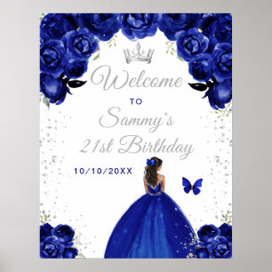Navy Dark Skin Princess Birthday Welcome Poster