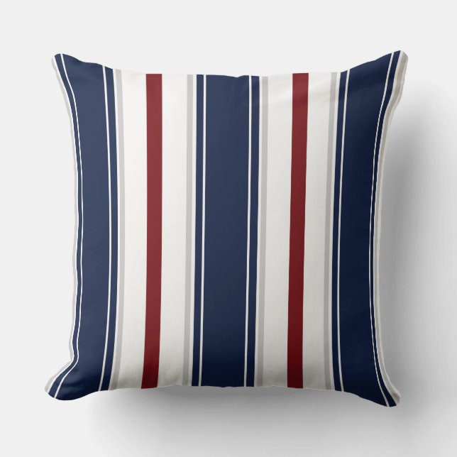 Navy Deep Red Grey White Vertical Stripes  | Cushion (Front)